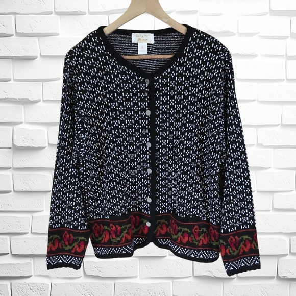 Tally Ho Sweaters - Tally Ho Black and White Patterned Cardigan with Red Accent Border